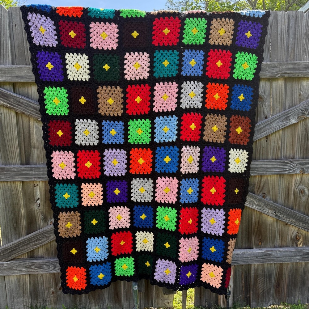Vintage Handmade Granny Square Afghan Throw Blanket Black Multicolor 51x70"